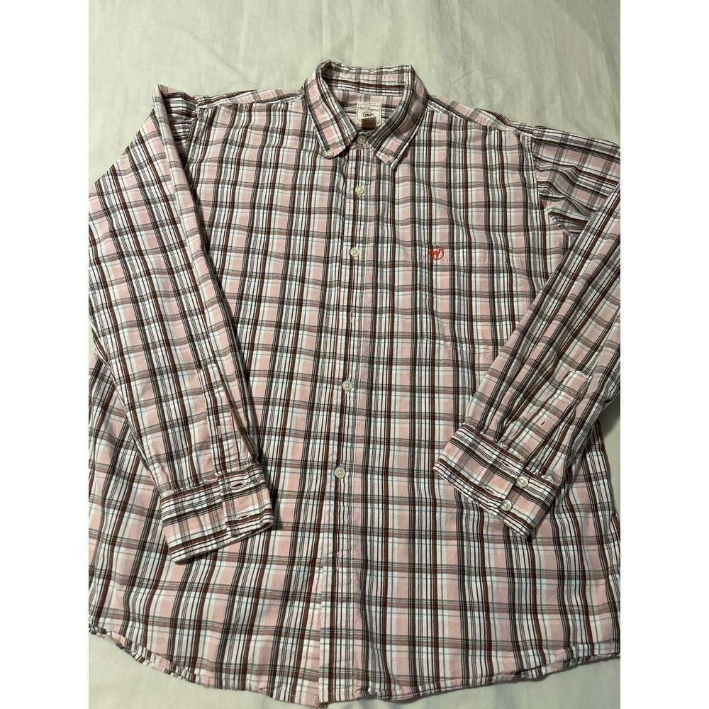 Red Camel Men's Long Sleeve Plaid‎ Button Down Shirt Size L Pink Brown White